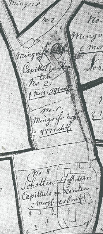 Karte von 1746 mit Einzeichnung des Scholtenhofes